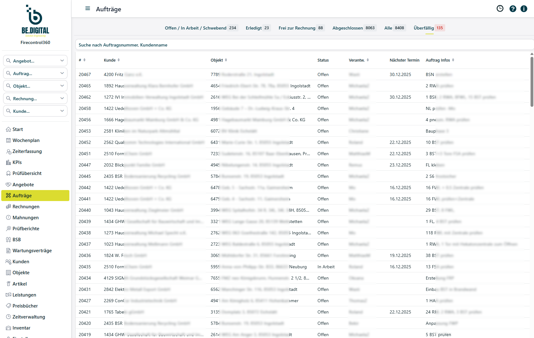 Auftragsübersicht in Firecontrol360