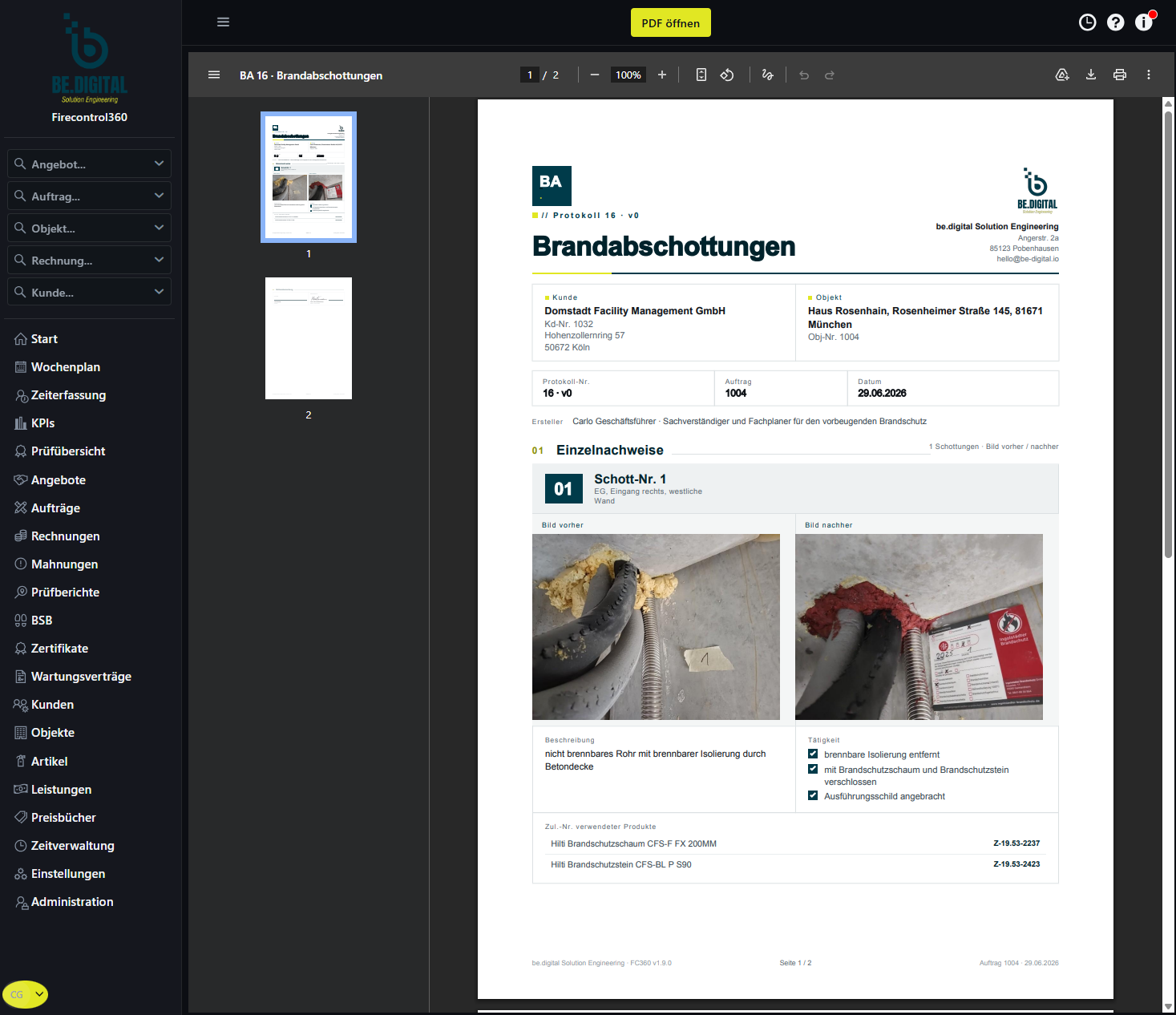 Dokumentation von Brandabschottungen und Übereinstimmungserklärung in Firecontrol360