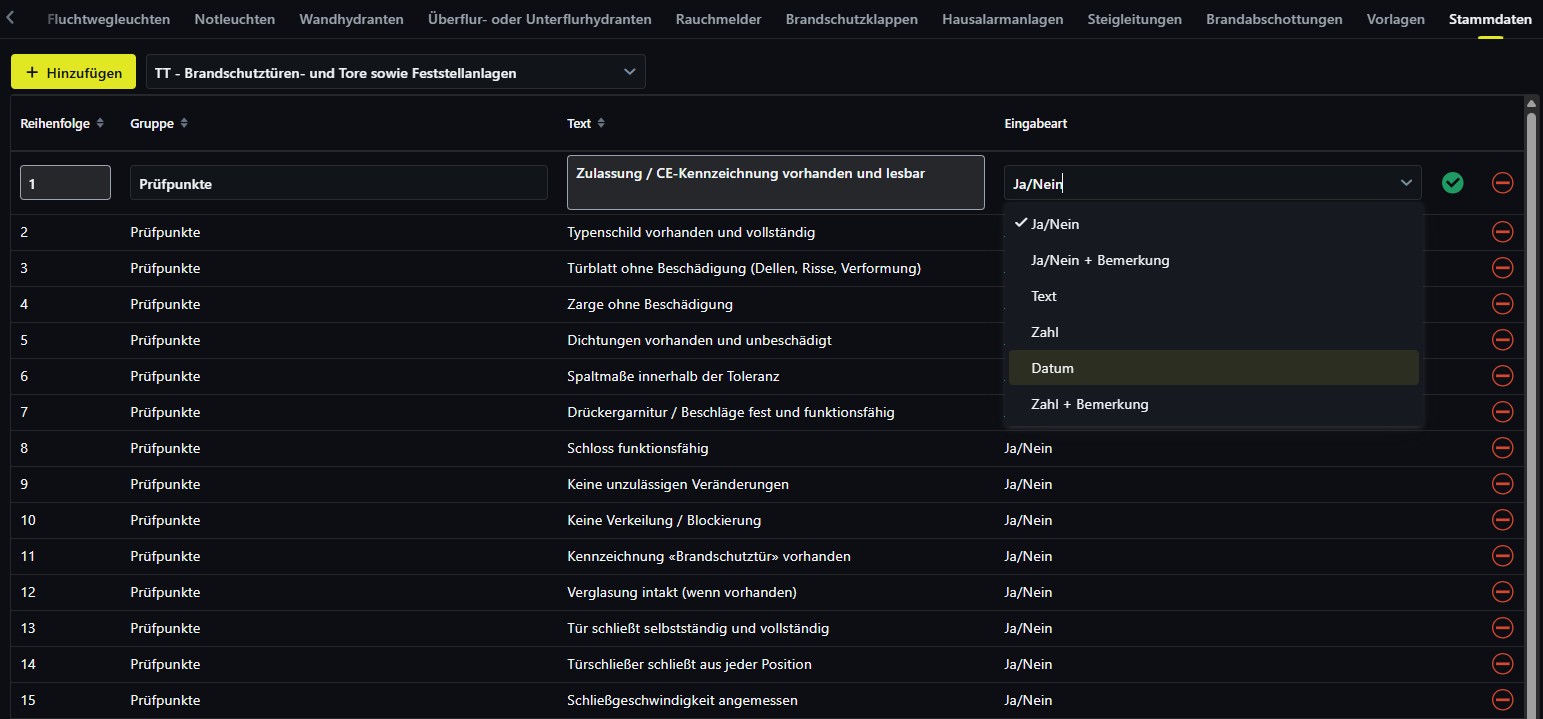 Pflege und Eingabeart von Prüfpunkten in Firecontrol360
