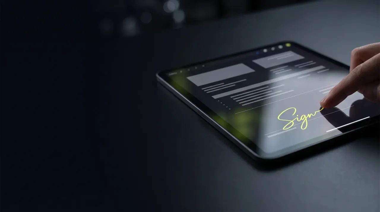 Kunde unterschreibt ein Angebot mit dem Finger direkt auf dem Tablet