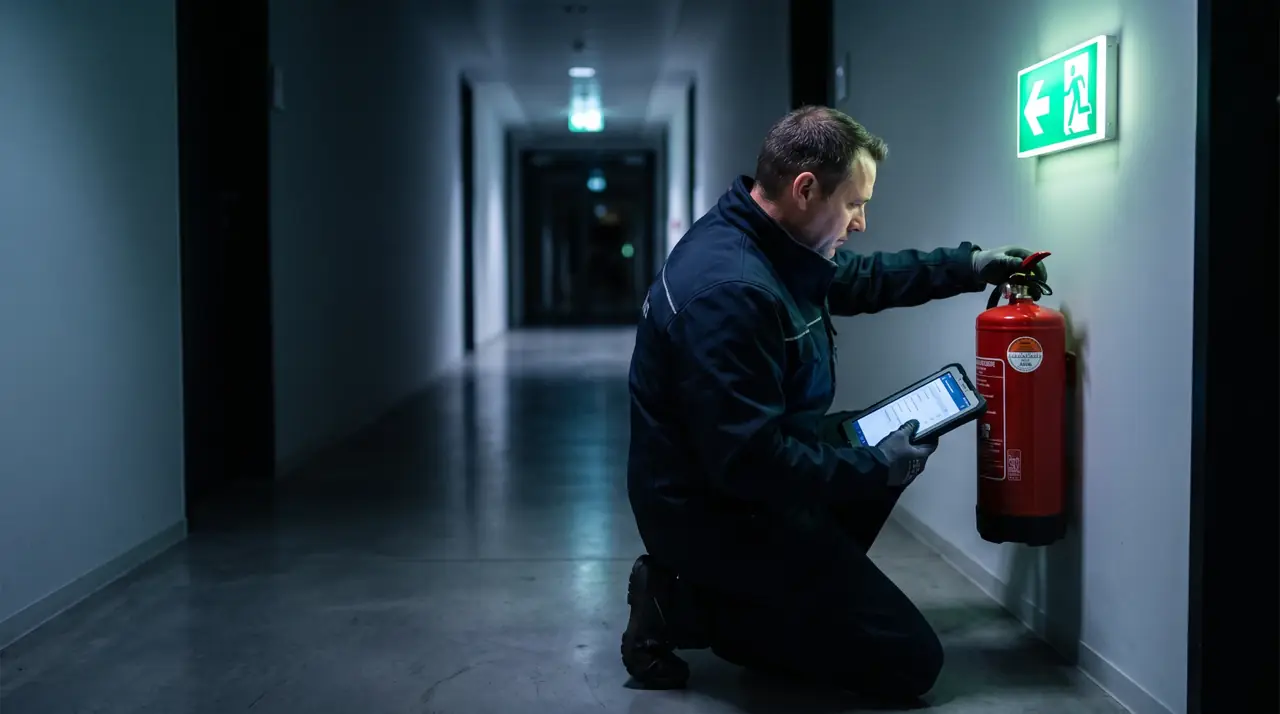 Brandschutztechniker prüft einen Feuerlöscher und erfasst den Prüfbericht auf dem Tablet