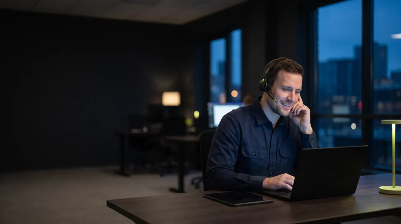 Support-Mitarbeiter mit Headset beantwortet am Laptop eine Kundenanfrage